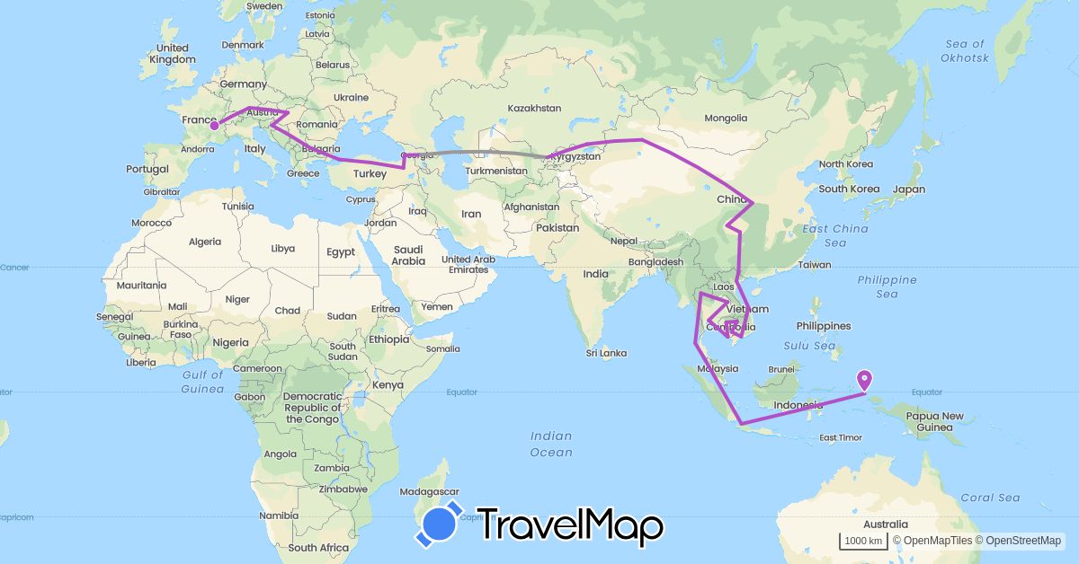 TravelMap itinerary: driving, plane, train in Bulgaria, China, Germany, France, Georgia, Croatia, Hungary, Indonesia, Cambodia, Kazakhstan, Thailand, Turkey, Uzbekistan, Vietnam (Asia, Europe)